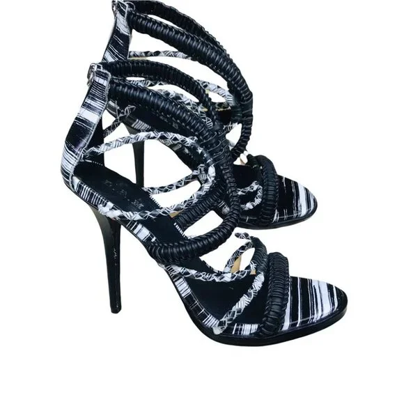 L.A.M.B Zebra Vine Black and White Strappy Leather Heels Sandals Size 8.5 - Picture 4 of 15